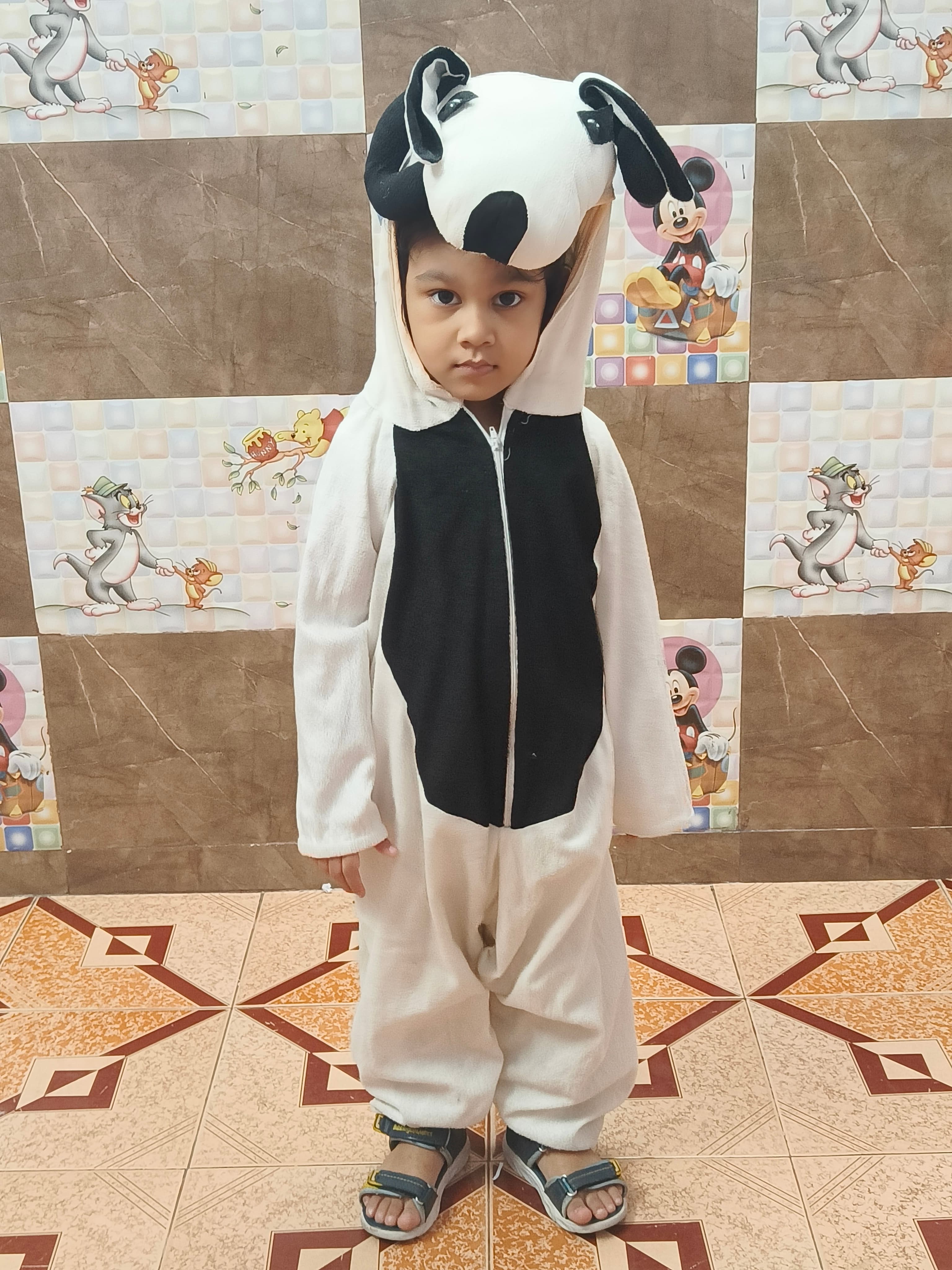 Child in black and white dog costume with floppy ears on Animal Day